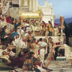 Scena z życia starożytnego Rzymu, pełna tłumu, bogactwa i dramatyzmu. Obraz w stylu akademizm w malarstwie.
