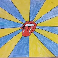 Pop art rysunek z czerwonymi ustami i wystawionym językiem na tle promieni żółtych i niebieskich.