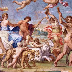 Barwny fresk przedstawia scenę z mitologii greckiej: triumfalny pochód z tygrysem, kozłem i postaciami boskimi.