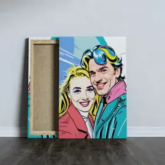 Kolorowe portrety w stylu pop art przedstawiają uśmiechniętą parę.