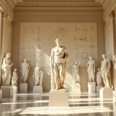Wielkie greckie posągi mężczyzn w muzeum, oświetlone słońcem.