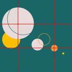 Abstrakcyjne kółka tworzą kompozycję diagonalną przykłady. Duże białe koło z łukiem, żółte koło, mniejsze białe i pomarańczowe koła oraz małe żółte kropki.
