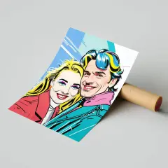 Kolorowy pop art portret pary z uśmiechem na twarzy, z jaskrawymi włosami i ubraniami.