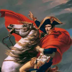 Portret w malarstwie: Napoleon na białym koniu, w czerwonym płaszczu i charakterystycznym kapeluszu, wskazuje drogę.