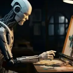Robot maluje abstrakcyjny obraz. Oto opis obrazu przykład, jak sztuczna inteligencja tworzy sztukę.
