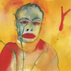 Portret z czerwonymi ustami i oczami, na żółtym tle. Obraz w stylu malarstwa współczesnego, przykłady ekspresji emocji.