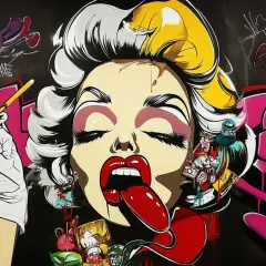 Pop art przedstawiciele w stylu graffiti: Marilyn Monroe z językiem na wierzchu, trzymająca pędzel. Kolorowe napisy i symbole.
