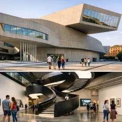 Nowoczesna architektura muzeum sztuki współczesnej MAXXI w Rzymie. Wnętrze z charakterystycznymi, krętymi schodami i dziełami sztuki.