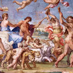Barwny fresk przedstawia scenę z mitologii greckiej: triumfalny pochód z tygrysem, kozłem i postaciami boskimi.