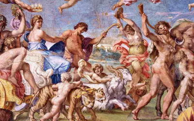 Barwny fresk przedstawia scenę z mitologii greckiej: triumfalny pochód z tygrysem, kozłem i postaciami boskimi.