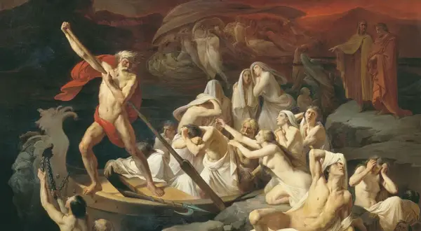 Pędzący Charon z wiosłem, przewożący dusze przez mroczną rzekę, na tle ognistego nieba.