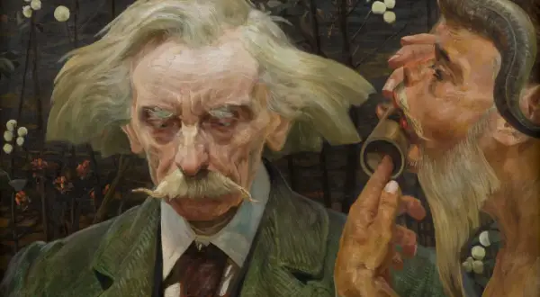 Portret mężczyzny z wąsami i faunem, symbolizujący przedstawicieli symbolizmu w malarstwie.