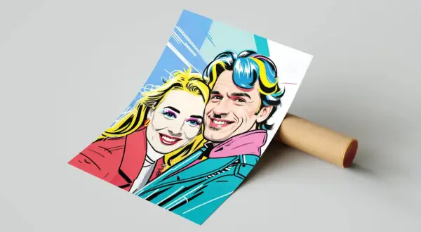 Kolorowy pop art portret pary z uśmiechem na twarzy, z jaskrawymi włosami i ubraniami.