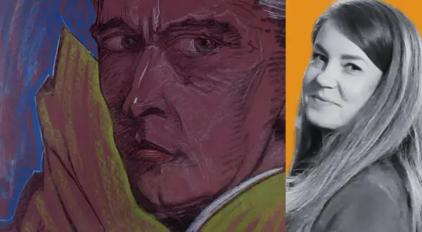 Portret mężczyzny z intensywnym spojrzeniem, z widocznymi oznaczeniami na obrazach Witkacego. Obok uśmiechnięta kobieta.