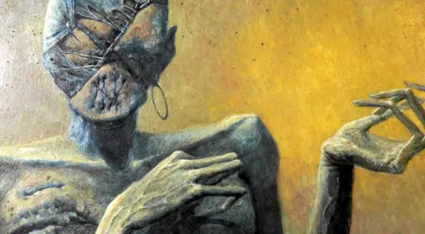 Mroczny, surrealistyczny obraz w stylu Beksińskiego. Postać z bandażami na twarzy i przerażającymi dłońmi na tle żółci.