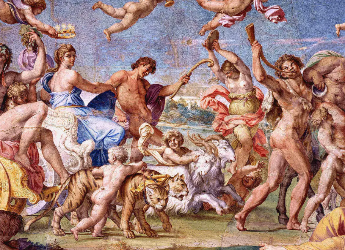Barwny fresk przedstawia scenę z mitologii greckiej: triumfalny pochód z tygrysem, kozłem i postaciami boskimi.