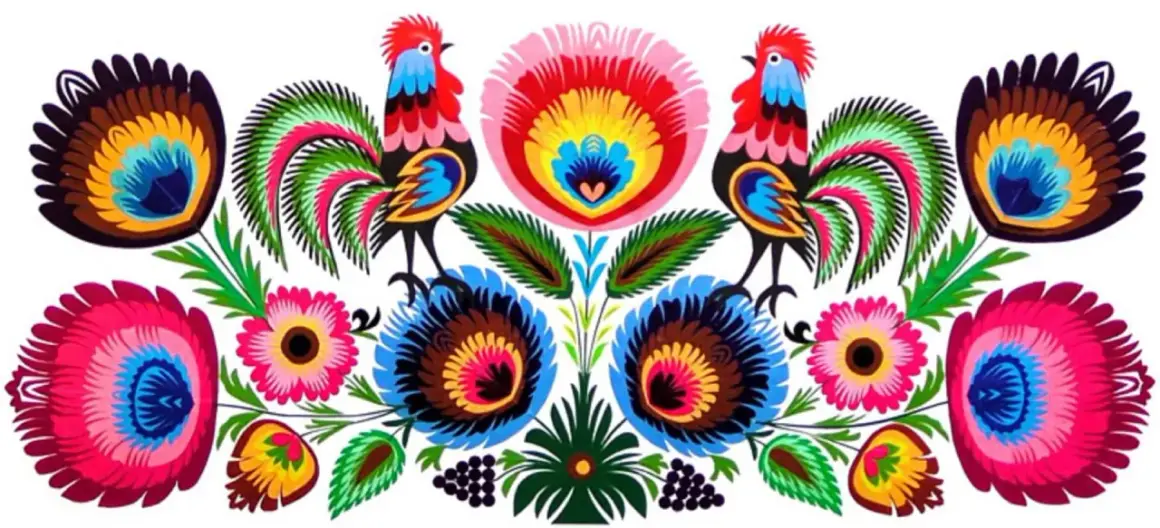 Kolorowa kompozycja symetryczna i asymetryczna z kogutami i kwiatami.