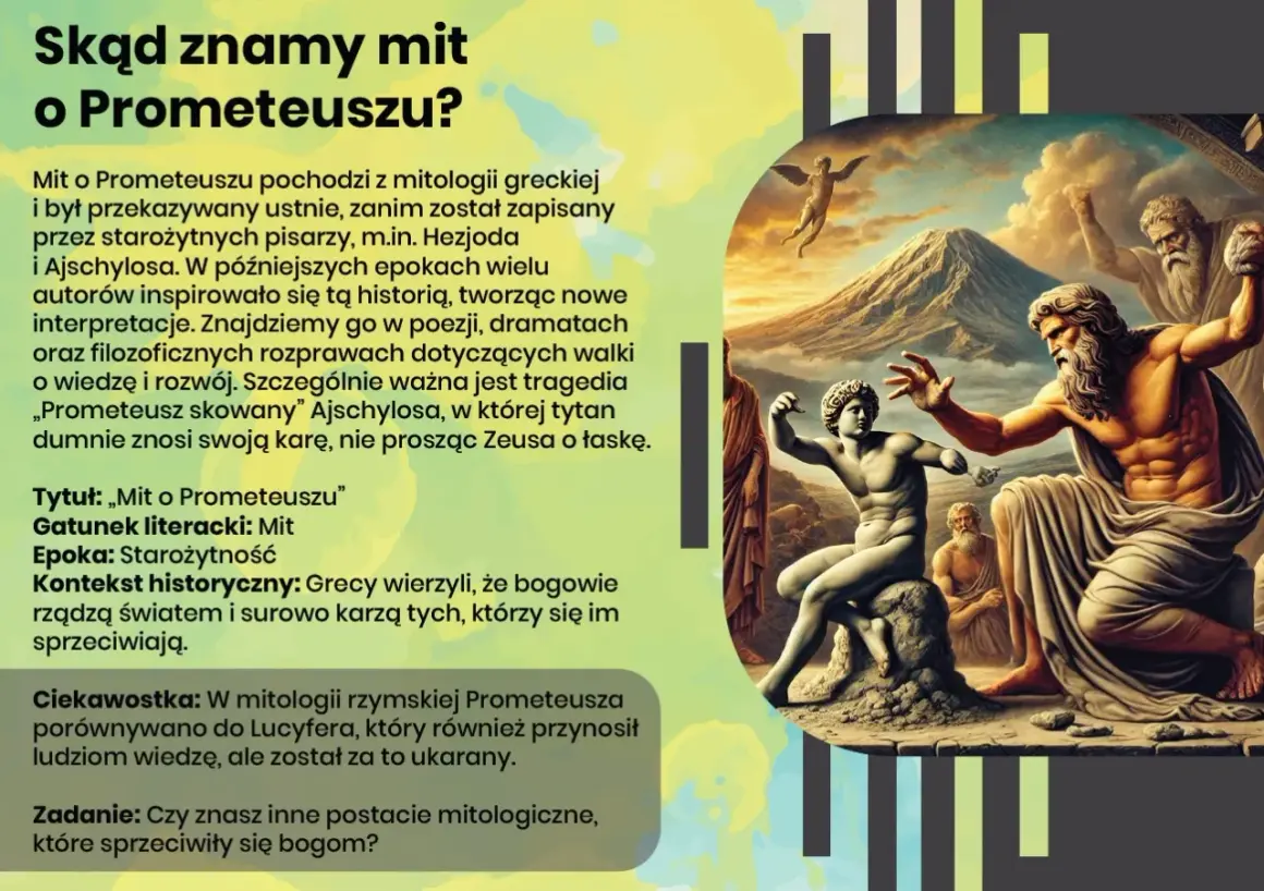 Prometeusz, przykłady motywów mitologicznych: Zeus karzący Prometeusza za kradzież ognia dla ludzi.