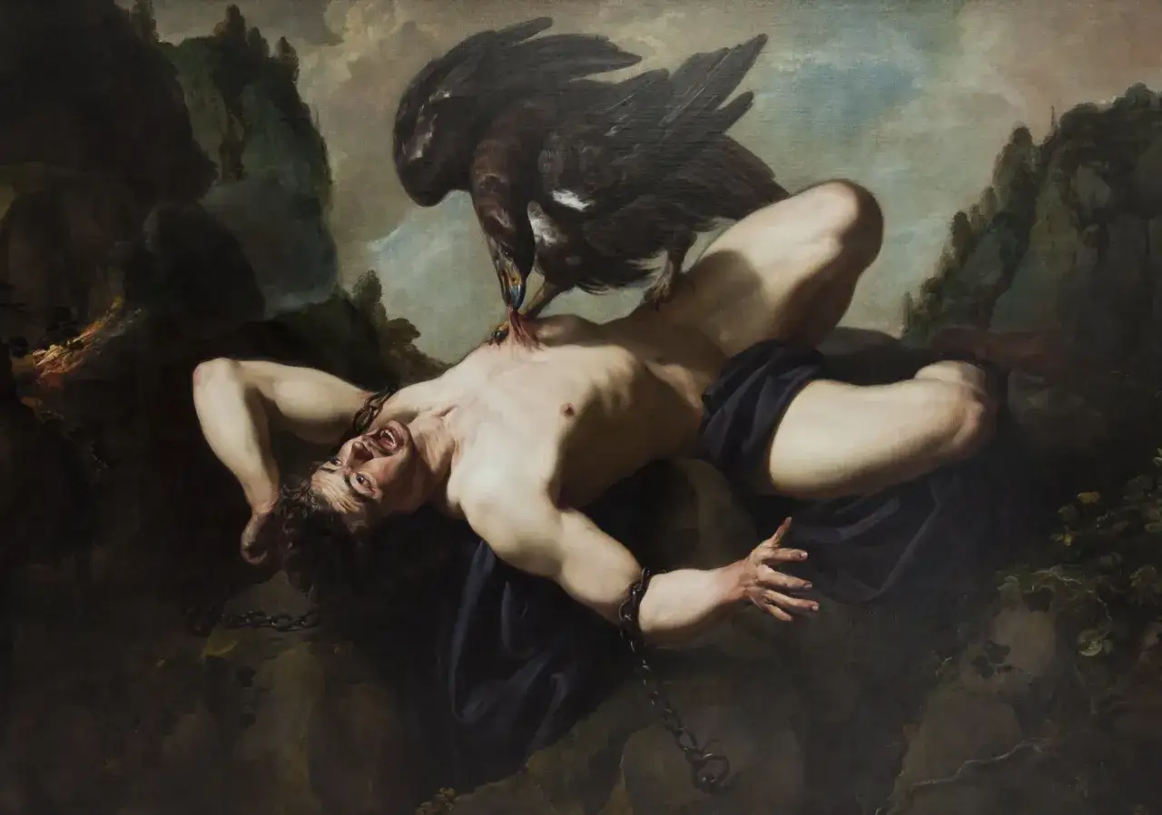 Prometeusz przykuty do skały, torturowany przez orła. Klasyczne motywy mitologiczne w malarstwie.