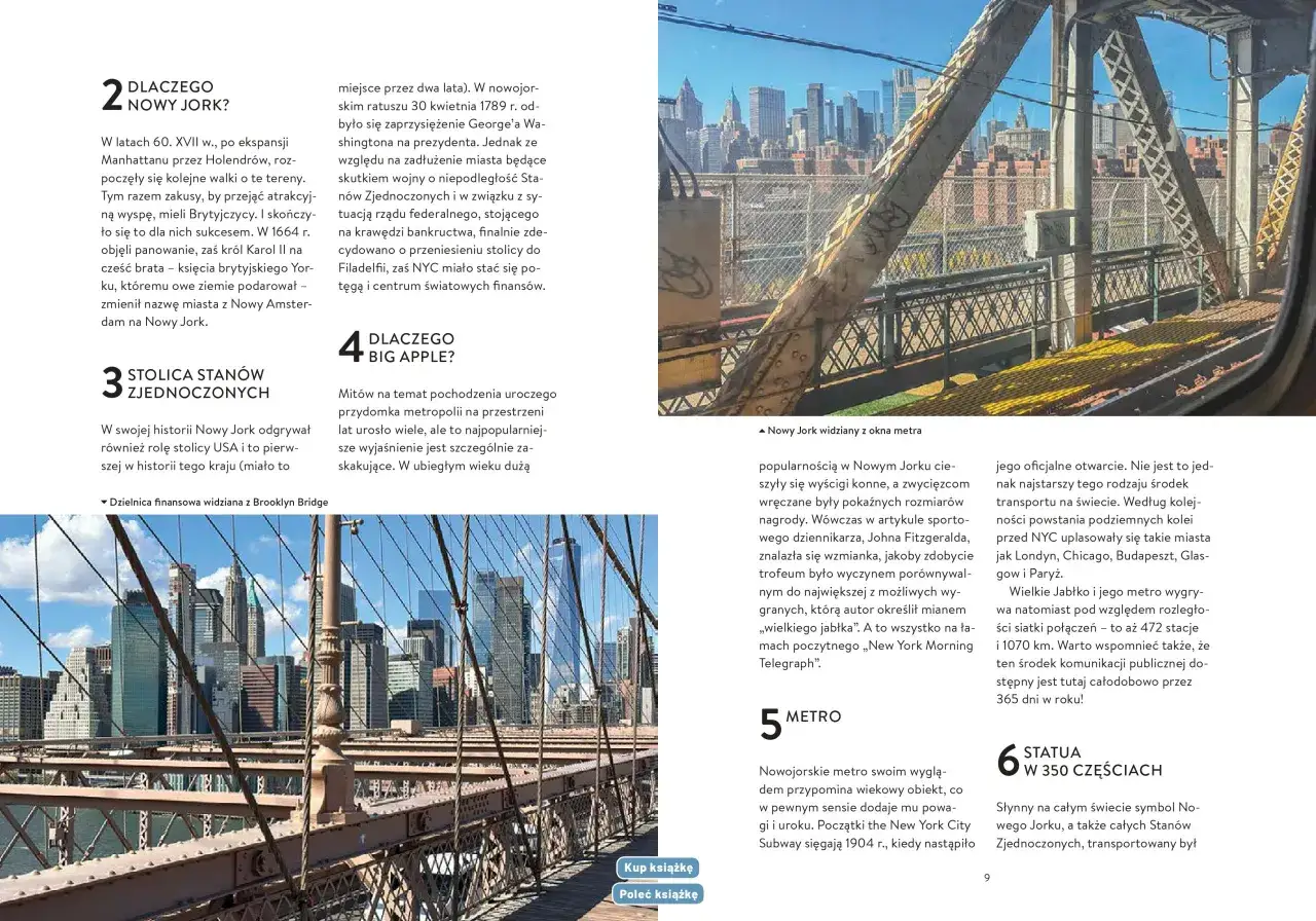 Widok na Nowy Jork z mostu Brooklyn, z wieżowcami w tle. W tekście mowa o historii i atrakcjach tego miasta, w tym o jego nazwie i metrze.