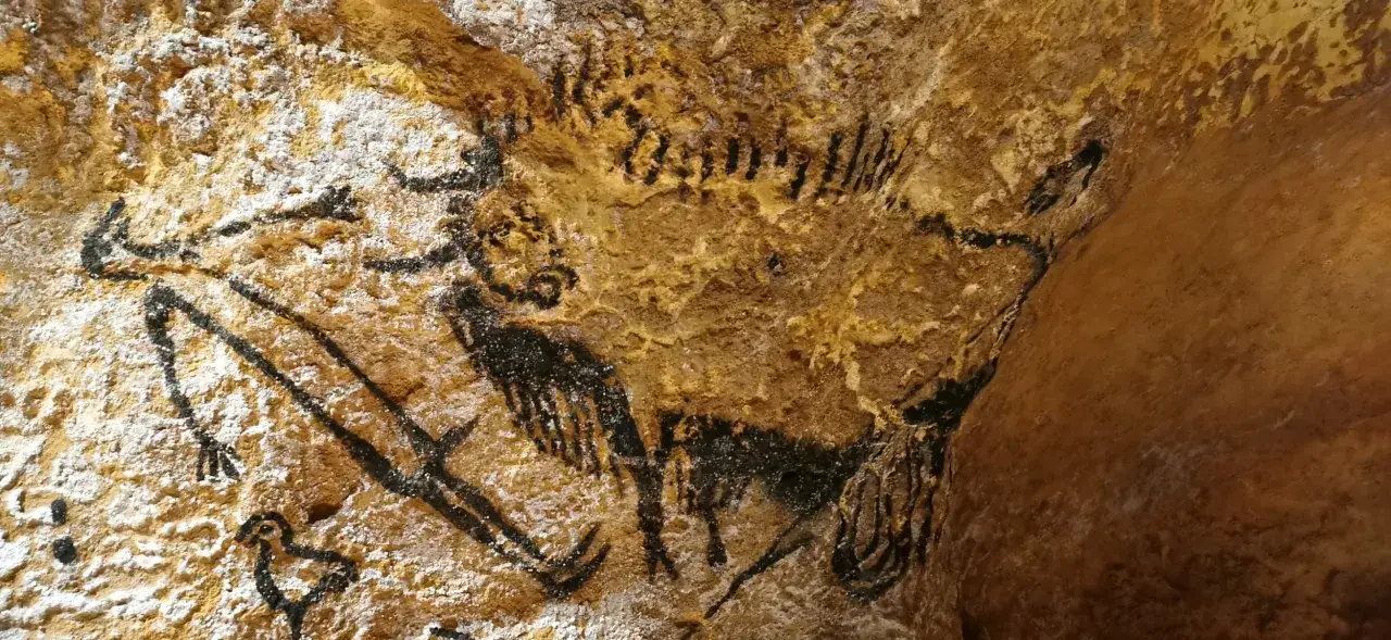 Starożytne malowidła z Lascaux na skalnej ścianie jaskini przedstawiają czarne sylwetki zwierząt, być może tura i konia, namalowane tysiące lat temu.