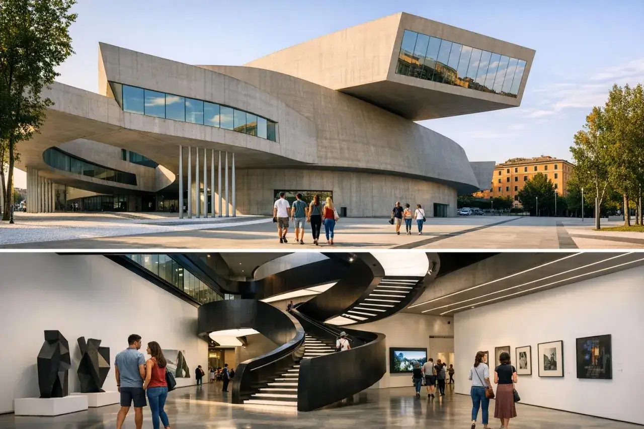 Nowoczesna architektura muzeum sztuki w Rzymie. Wnętrze z kręconymi schodami i dziełami sztuki.