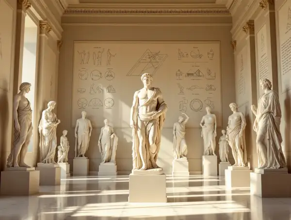 Wielkie greckie posągi mężczyzn w muzeum, oświetlone słońcem.