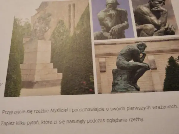 Rodina do krzyżówki: rzeźba Myśliciela w różnych ujęciach, siedząca postać w pozie kontemplacji.